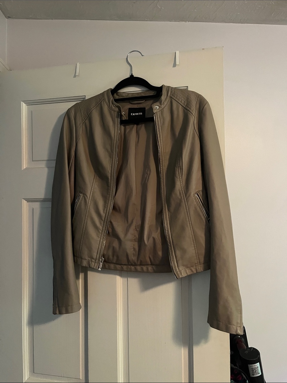 Express Taupe Faux Leather Collarless Jacket